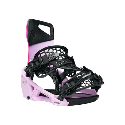 Roze en zwarte snowboardbinding met verstelbare riemen en hoge rugsteun voor dames