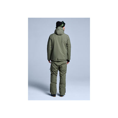 Heren ski-jas en broek set in olijfgroen, achterkant getoond, waterdicht winterpak voor wintersport