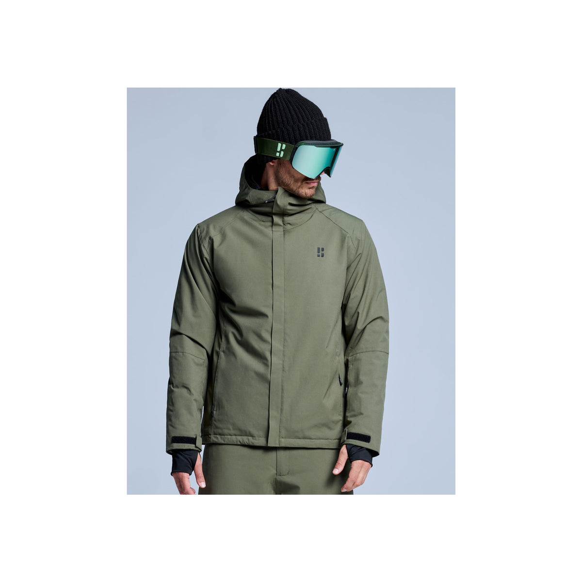 Groene ski-jas voor heren met capuchon en skibril, winterjas voor snowboarden