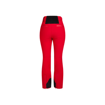 Rode dames skibroek met hoge taille en zwarte versteviging, achterkant