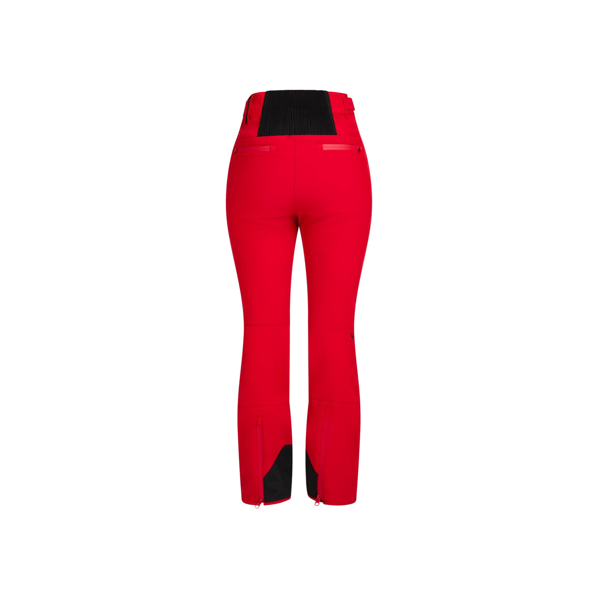 Rode dames skibroek met hoge taille en zwarte versteviging, achterkant