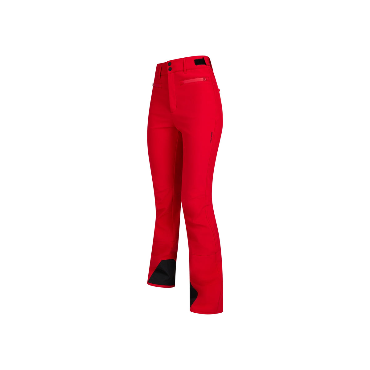 Rode dames skibroek met rechte pijpen en hoge taille, zijdelings gefotografeerd op witte achtergrond