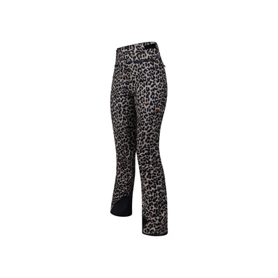 Zwart-grijze dames skibroek met luipaardprint, wijdlopend model met hoge taille