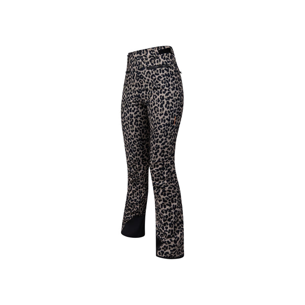Zwart-grijze dames skibroek met luipaardprint, wijdlopend model met hoge taille