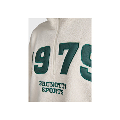 Beige fleece vest met groene cijfers 979 en Brunotti Sports opdruk, close-up van ritssluiting en logo