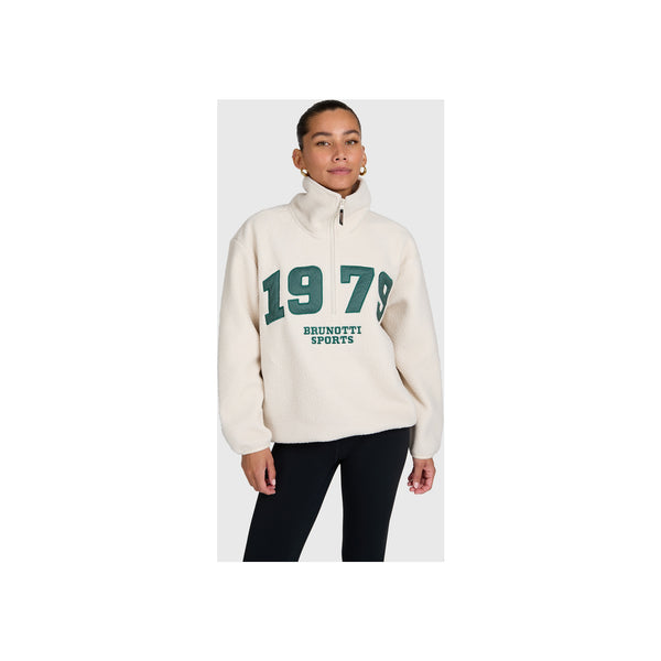 Crèmekleurige fleece trui met halve rits en '1979 BRUNOTTI SPORTS' opdruk in groen