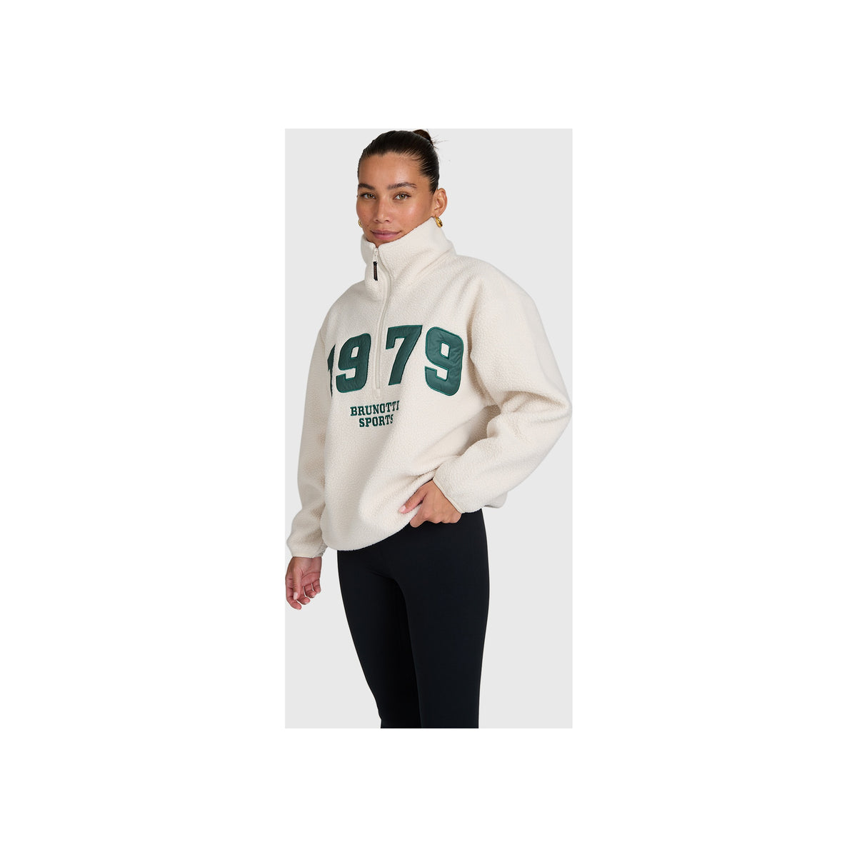 Crème universitaire sweater met halve rits en '979' opdruk voor dames