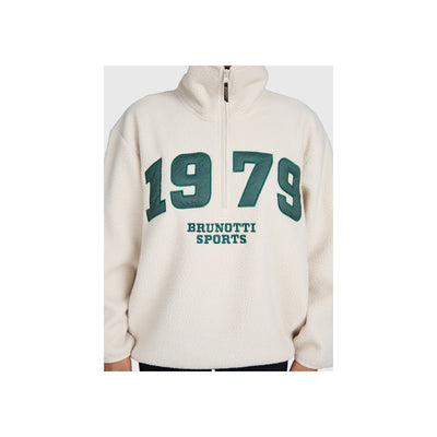 Beige hoodie met '1979 Brunotti Sports' opdruk in groene letters, close-up van voorkant