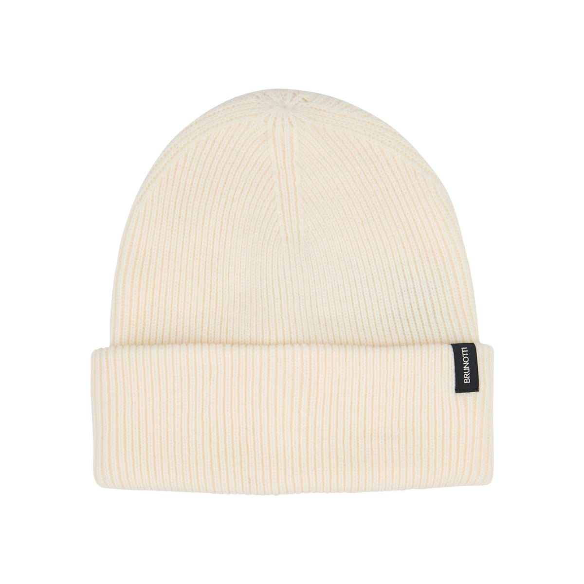 Gebreide beanie muts in gebroken wit met omgeslagen rand en zwart label