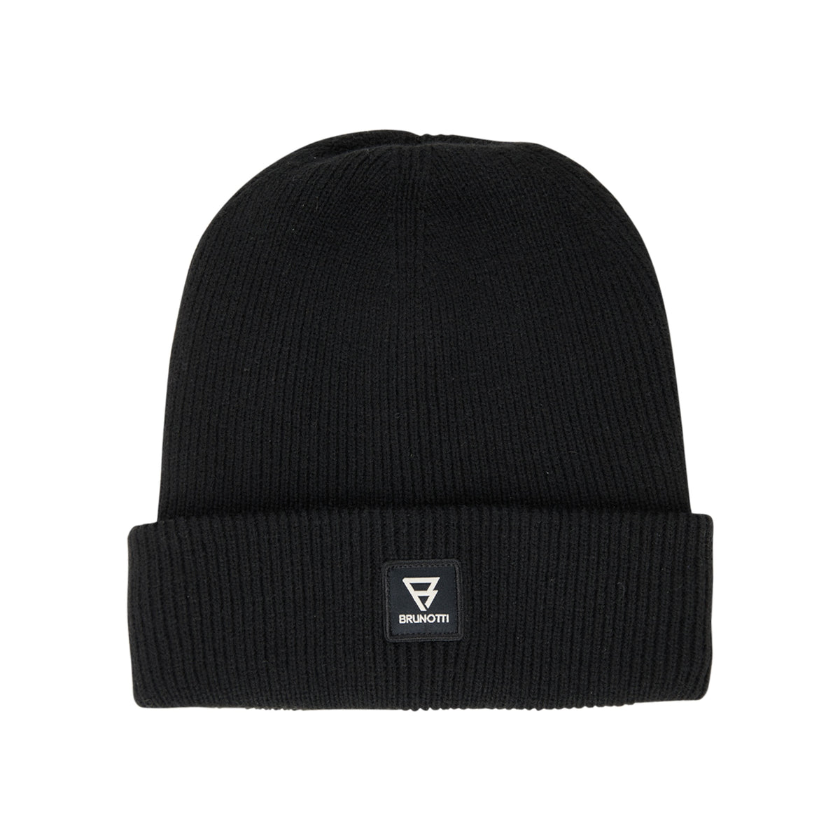 Zwarte gebreide muts met omgeslagen rand en merklogo, winteraccessoire voor heren en dames