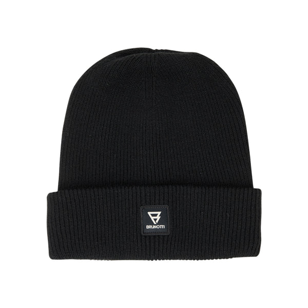 Zwarte gebreide muts met omgeslagen rand en merklogo, winteraccessoire voor heren en dames