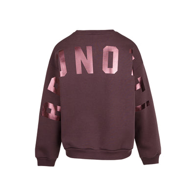 Bruine oversized sweater met roze 'MINOR HISTORY' opdruk op achterkant