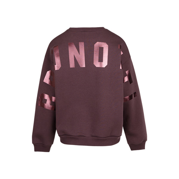 Bruine oversized sweater met roze 'MINOR HISTORY' opdruk op achterkant
