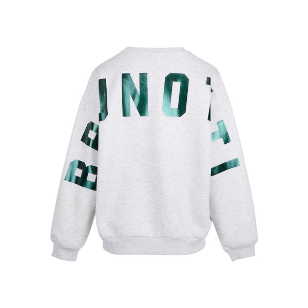 Witte oversized sweater met groene letters 'FEJNO' op rug en mouwen