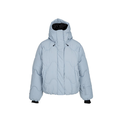 Lichtblauwe gewatteerde puffer winterjas met capuchon en ritssluiting voor dames