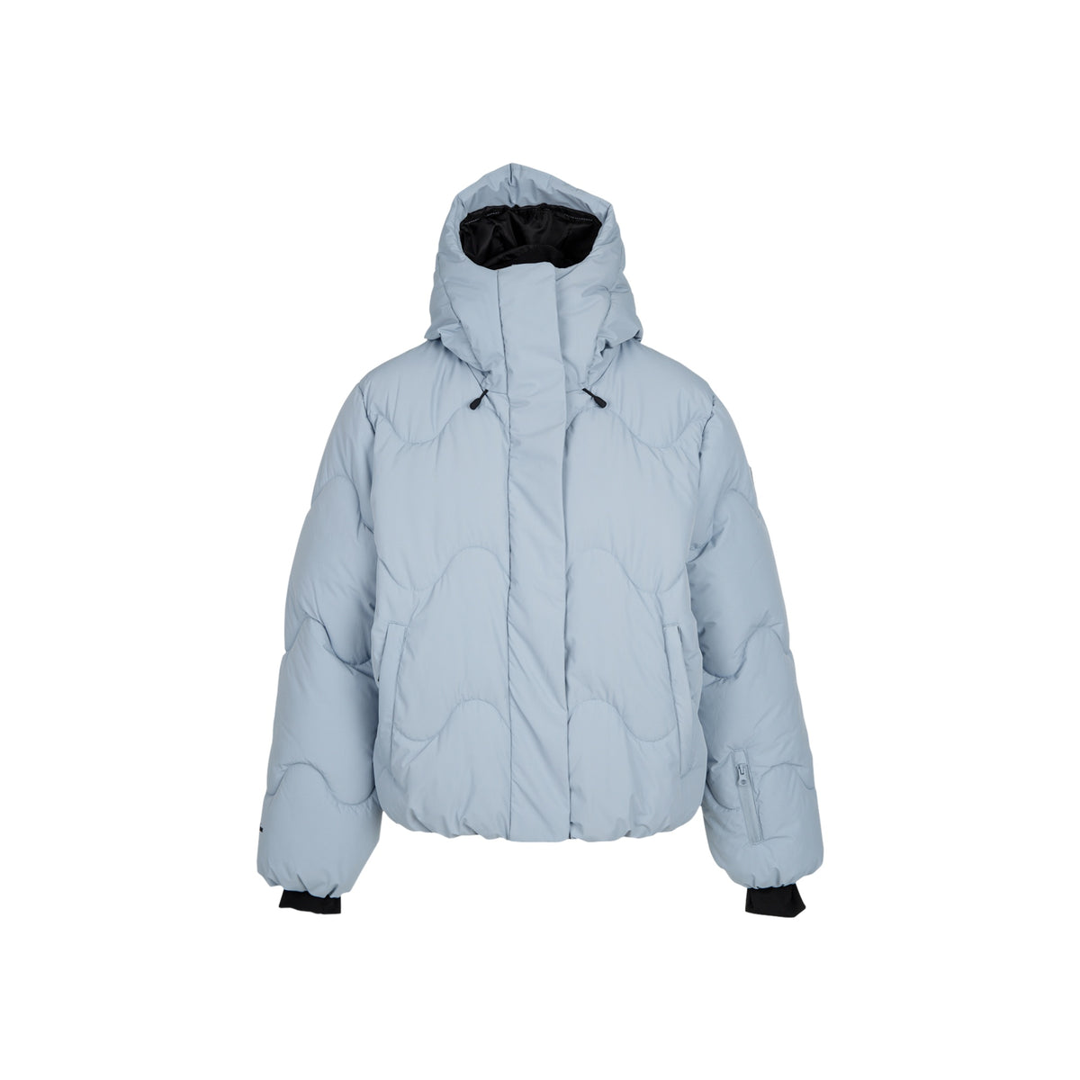Lichtblauwe gewatteerde puffer winterjas met capuchon en ritssluiting voor dames
