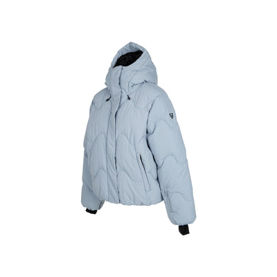 Lichtblauwe gewatteerde dames puffer jas met capuchon en ritssluiting