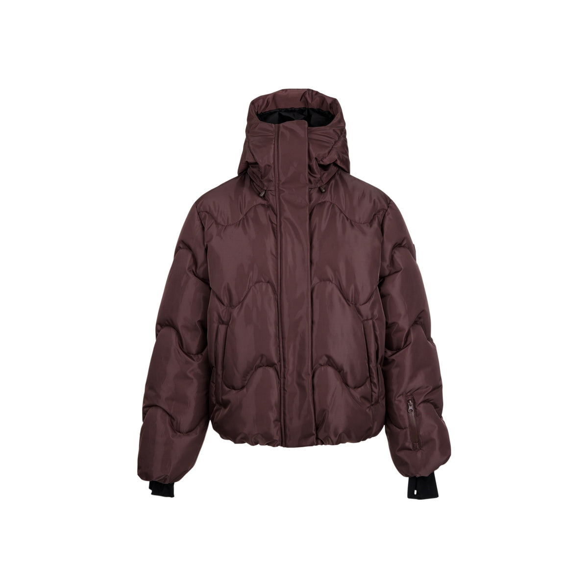 Bruine gewatteerde puffer jas met capuchon en ritssluiting voor dames wintermode