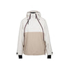 Dames ski-anorak met capuchon, wit-beige kleurblok, ventilatieopeningen en ritssluiting