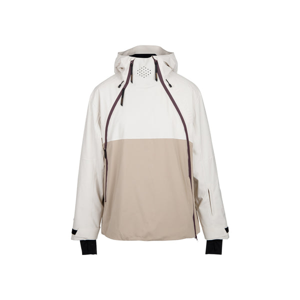 Dames ski-anorak met capuchon, wit-beige kleurblok, ventilatieopeningen en ritssluiting