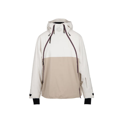 Dames ski-anorak met capuchon, wit-beige kleurblok, ventilatieopeningen en ritssluiting