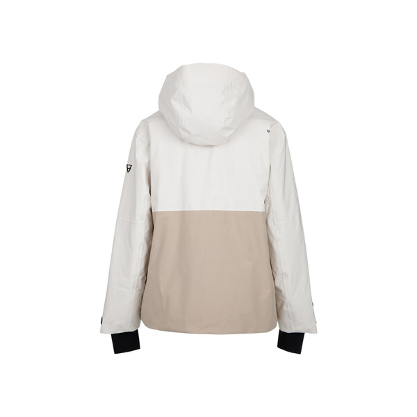 Witte en beige dames ski-jas met capuchon en ritssluiting, achterkant weergave
