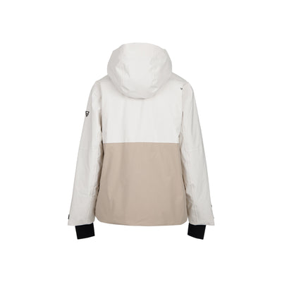 Witte en beige dames ski-jas met capuchon en ritssluiting, achterkant weergave