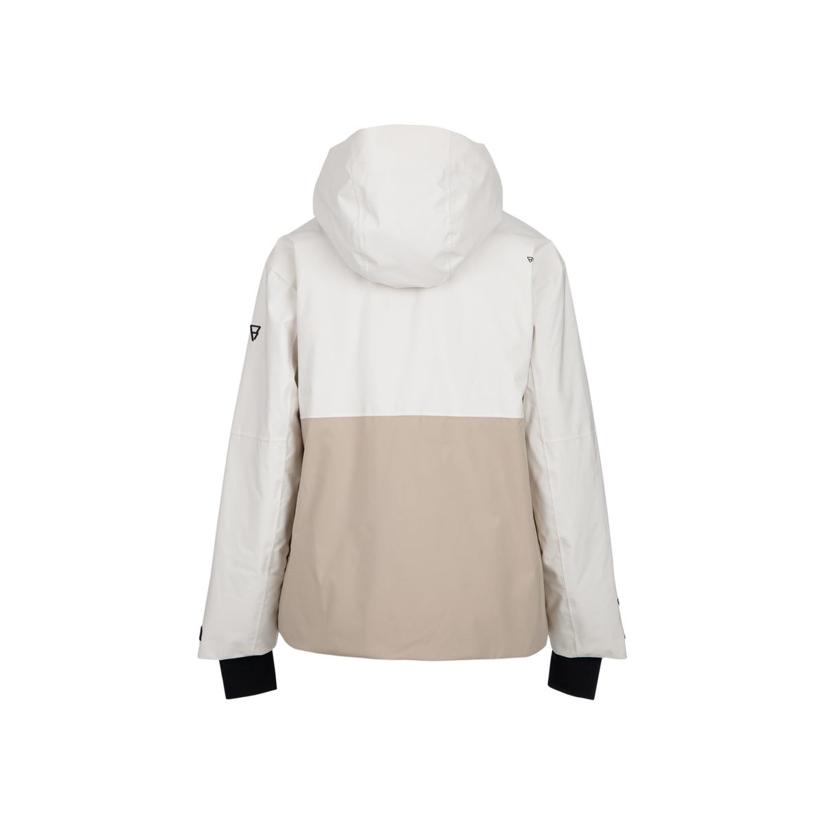 Witte en beige dames ski-jas met capuchon en ritssluiting, achterkant weergave
