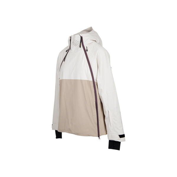 Witte en beige dames ski-jas met asymmetrische ritssluiting en contrasterende zwarte manchetten