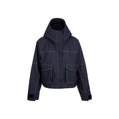 Donkerblauwe korte jas met capuchon en contrasterende stiksels, voorzakken en ritssluiting