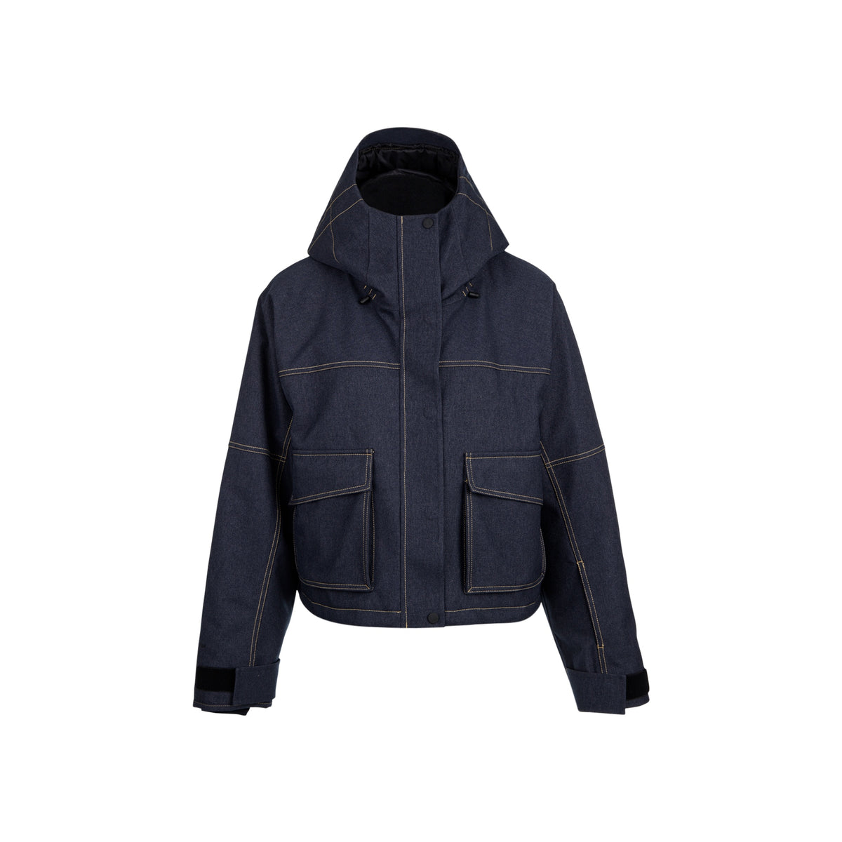 Donkerblauwe korte jas met capuchon en contrasterende stiksels, voorzakken en ritssluiting