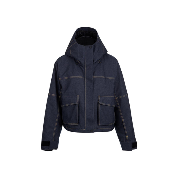 Donkerblauwe korte jas met capuchon en contrasterende stiksels, voorzakken en ritssluiting