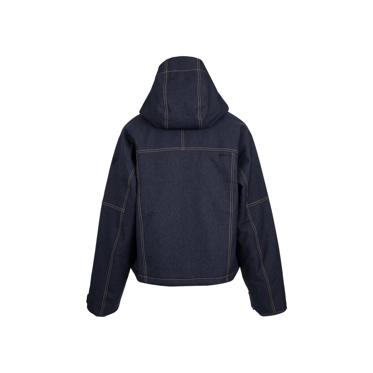 Donkerblauwe hoodie met contrasterende stiksels, capuchon en lange mouwen - achterkant