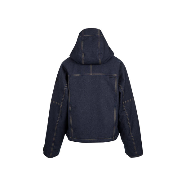 Donkerblauwe hoodie met contrasterende stiksels, capuchon en lange mouwen - achterkant