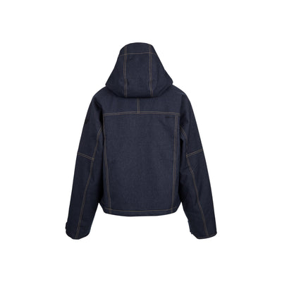 Donkerblauwe hoodie met contrasterende stiksels, capuchon en lange mouwen - achterkant