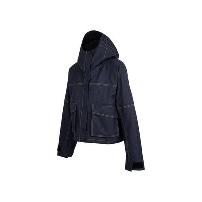Donkerblauwe dames hoodie jas met contrasterende stiksels en capuchon