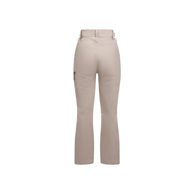 Beige dames broek met uitlopende pijpen, achterkant weergave met zakken en tailleband