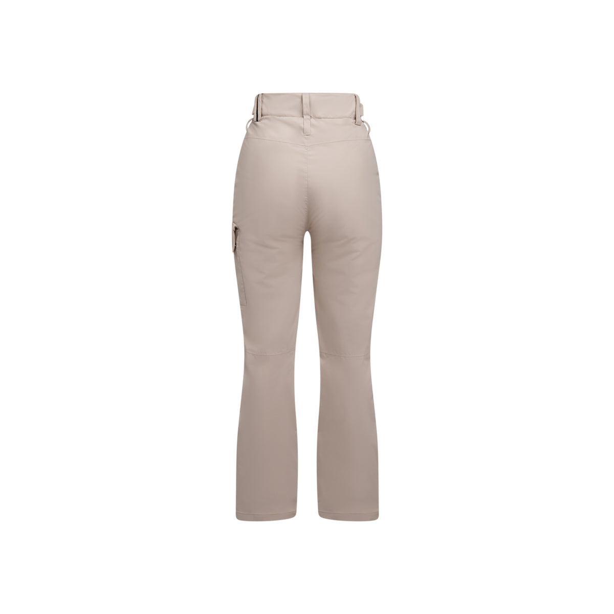 Beige dames broek met uitlopende pijpen, achterkant weergave met zakken en tailleband