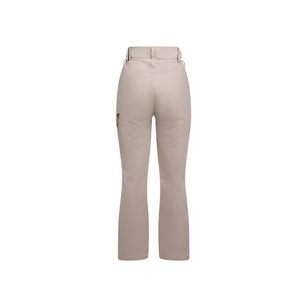Beige dames broek met uitlopende pijpen, achterkant weergave met zakken en tailleband