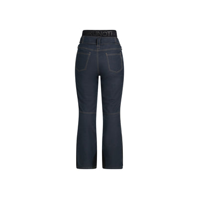 Donkerblauwe dames skibroek met hoge taille en wijde pijpen - waterdichte wintersportbroek