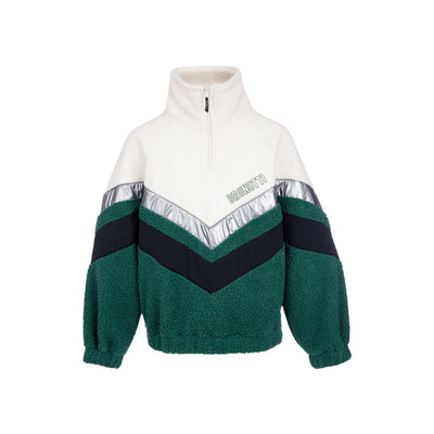 Witte en groene fleece trui met halve rits en chevron-design met zilverkleurige accenten