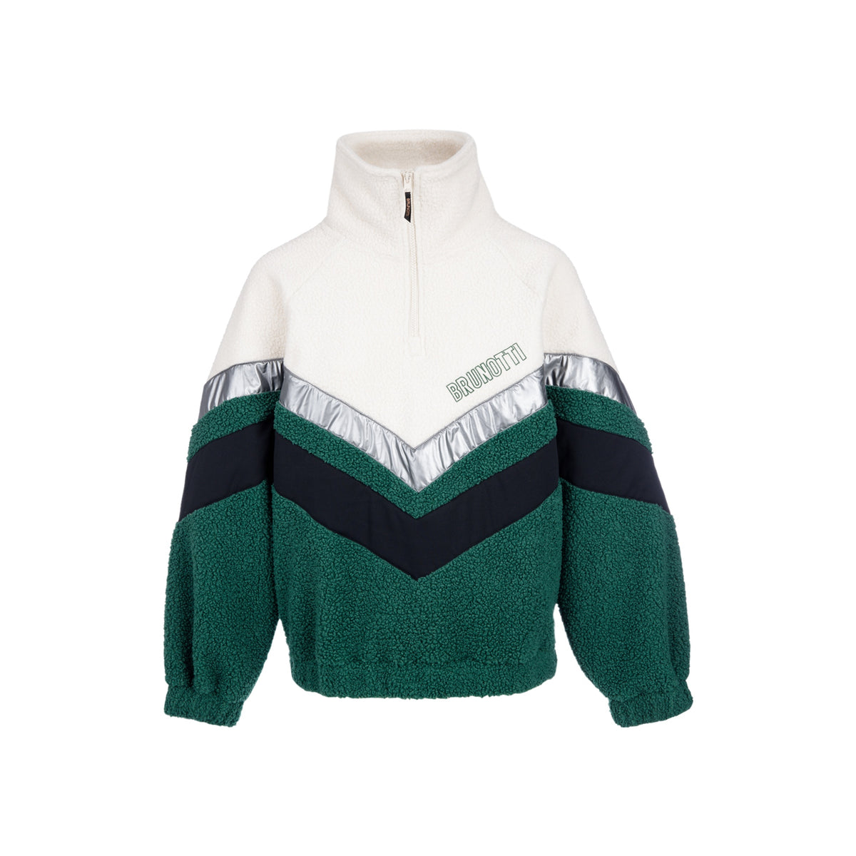 Witte en groene fleece trui met halve rits en chevron-design met zilverkleurige accenten