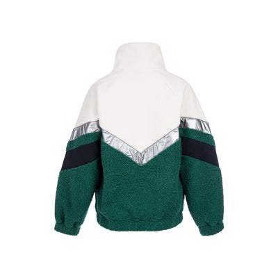Groene fleece trui met col en zilveren V-detail op schouders, rugaanzicht