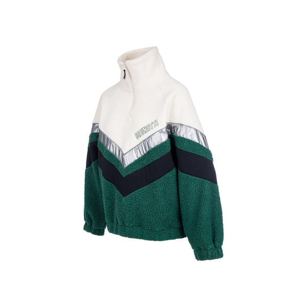 Witte en groene teddy fleece jas met ritssluiting en chevron strepen voor dames
