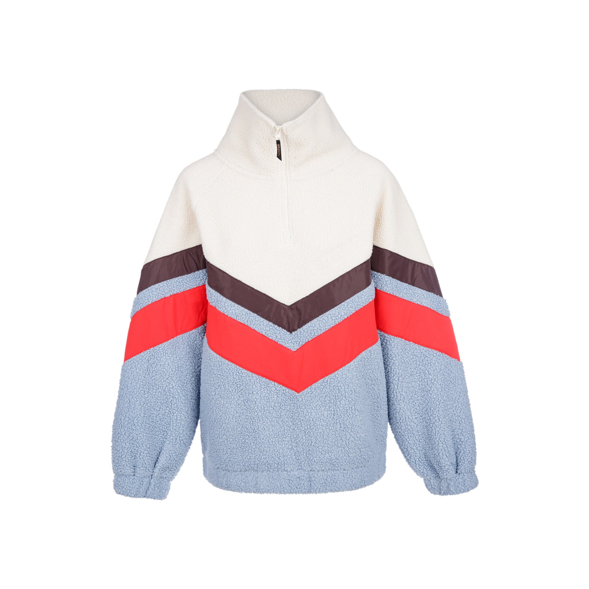 Witte fleece trui met chevron strepen in blauw, rood en bruin met halve rits en gerimpelde mouwen