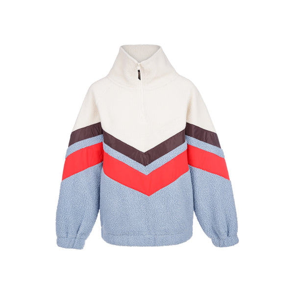 Witte fleece trui met chevron strepen in blauw, rood en bruin met halve rits en gerimpelde mouwen