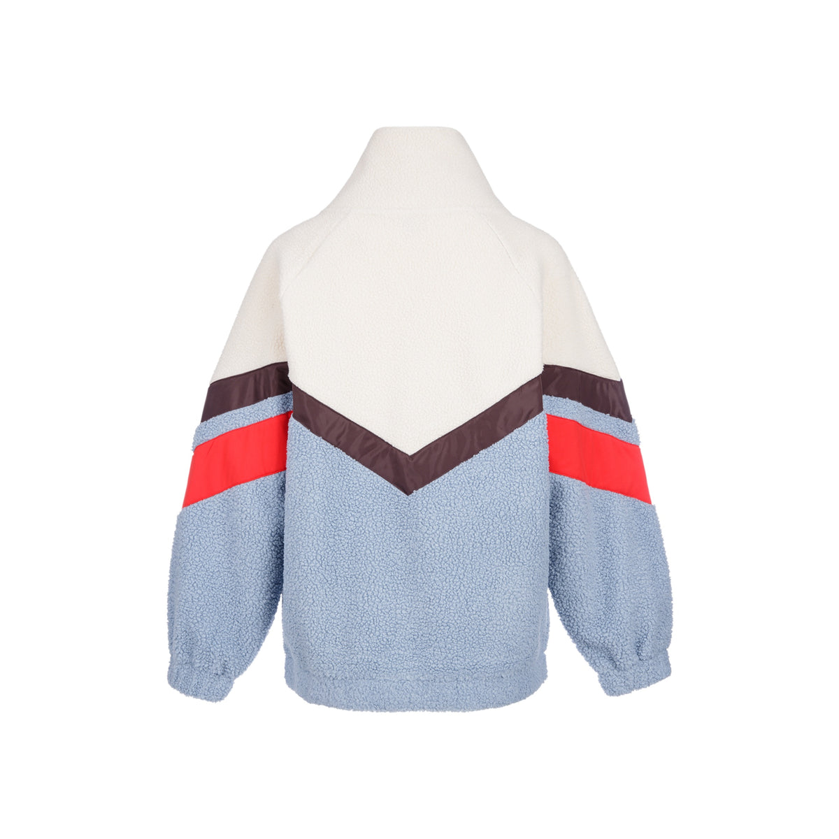Blauwe teddy jas met kleurblokken in rood en bruin, off-shoulder design en hoge kraag