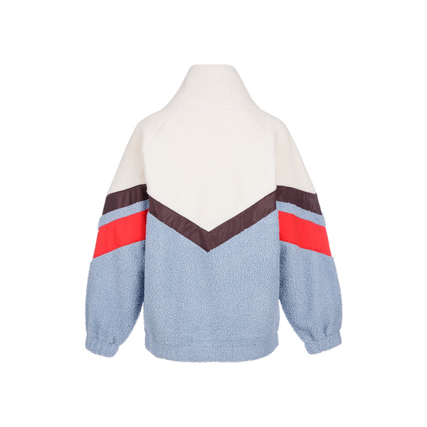 Blauwe teddy jas met kleurblokken in rood en bruin, off-shoulder design en hoge kraag