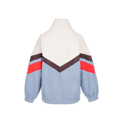 Blauwe teddy jas met kleurblokken in rood en bruin, off-shoulder design en hoge kraag