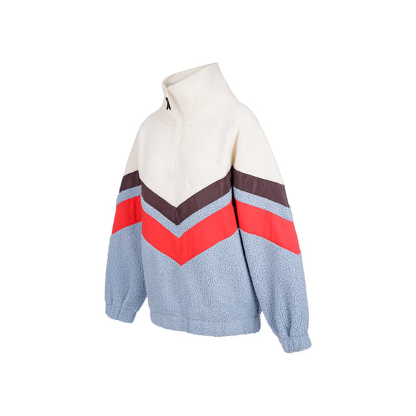 Teddy fleece trui met kleurblokken en chevron design in wit, rood en blauw met ritssluiting